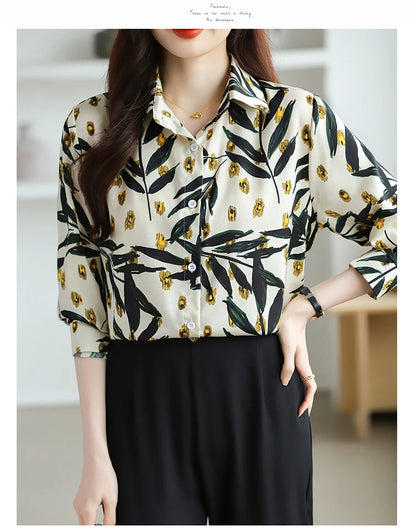2025 Spring Autumn New Office Lady Blouse Fashion Floral Printed Shirt Turndown Collar Med-Length Long Sleeve Women Tops