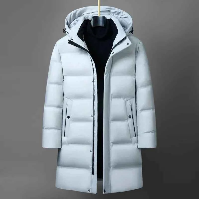 Winter Fashion Down Jacket for Men Men's White Duck Down Jackets Hooded Warm Thick Long Parkas Man Slim Fit Medium Length Coats