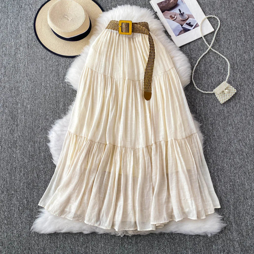 White High Waist A-Line Midi Skirt Women's Summer Casual Flared Cake Skirt Korean Sle Baking Poer Skirt for Young Women
