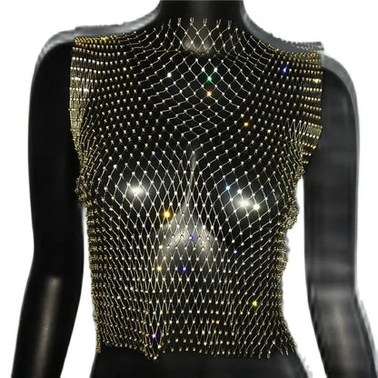 Women's Fishnet Rhinestone Crop Top 2024 Summer Sexy Mesh High Elastic Black White Shirt Net See Through Rave Diamond Tank Top - AMULET RING STORE