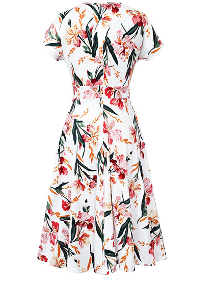 Nice-forever Vintage Elegant Floral Print Pleated Round neck vestidos A-Line Pinup Business Party Women Flare Swing Dress A102