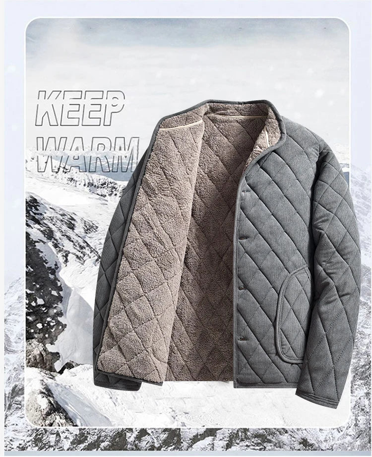 Mens Winter Jacket Windproof Thickened Padded Jacket Casual Diamond Warm Fleece Lined Coat Middle-Aged Dad's Solid Outdoor Wear
