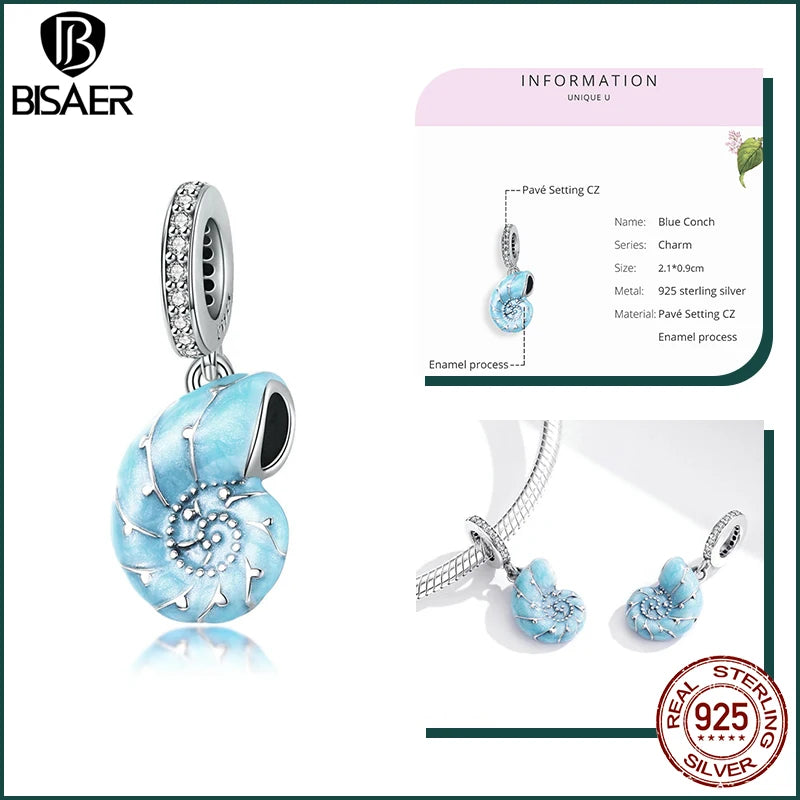 BISAER 925 Sterling Silver Charm Ocean Style Fish Dolphin Mermaid Shell Blue CZ Bead For Necklace&Bracelet DIY Fine Jewelry Gift - AMULET RING STORE