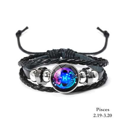 12 Constellation Zodiac Sign Charm Luminous Bracelets Men Women Vintage Multilayer Wrap Leather Bracelet Gift pulsera hombre