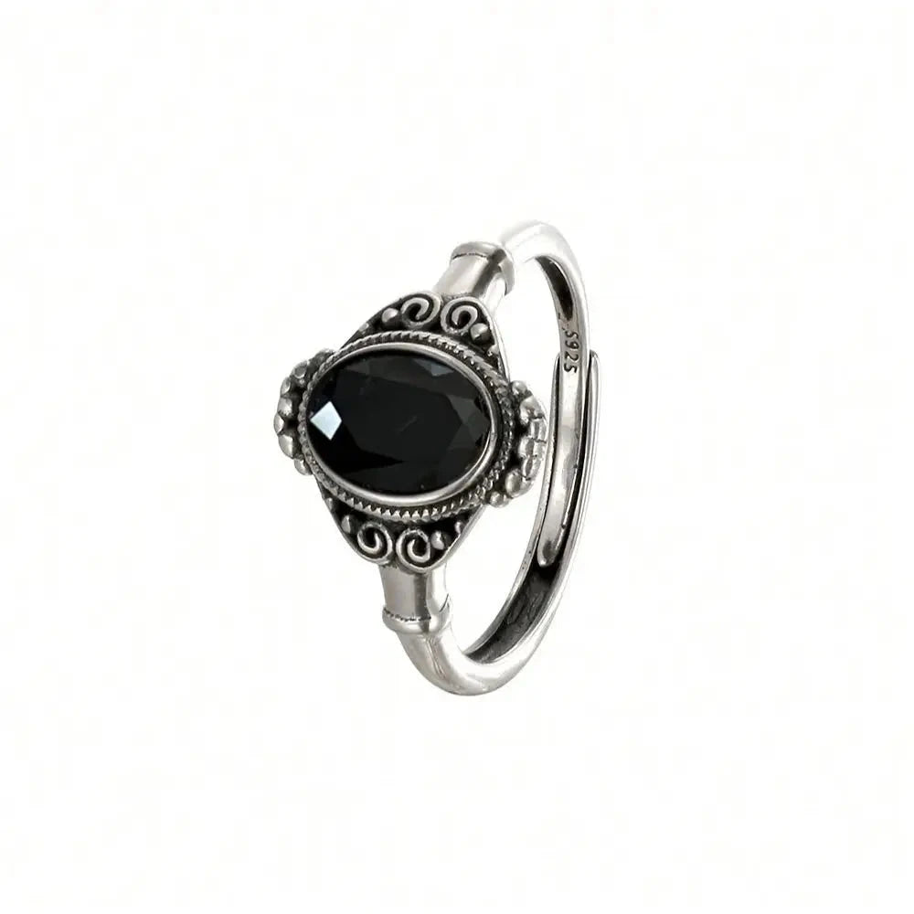 Soild S925 Silver Ring Natural Black Spinel Oval Gemstone Vintage Floral Adjustable Bands Handmade Boho Jewelry Gifts - AMULET RING STORE