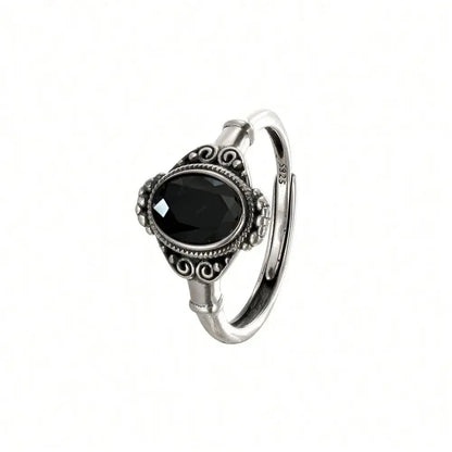 Soild S925 Silver Ring Natural Black Spinel Oval Gemstone Vintage Floral Adjustable Bands Handmade Boho Jewelry Gifts - AMULET RING STORE