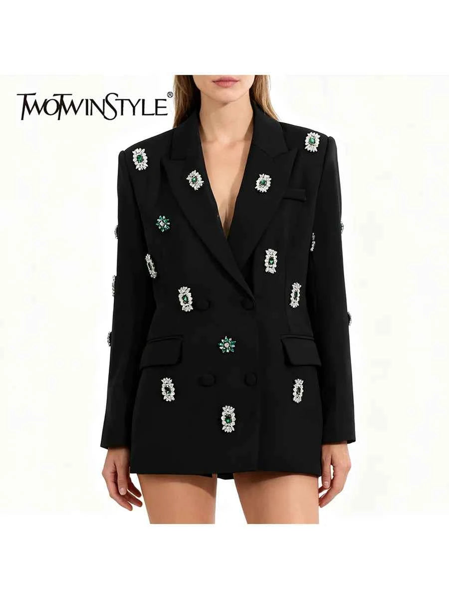 TWOTWINSTYLE Solid Loose Spliced Bead Luxurious Blazers for Women Lapel Long Sleeves Nobility Blazer Female Autumn Fashion New