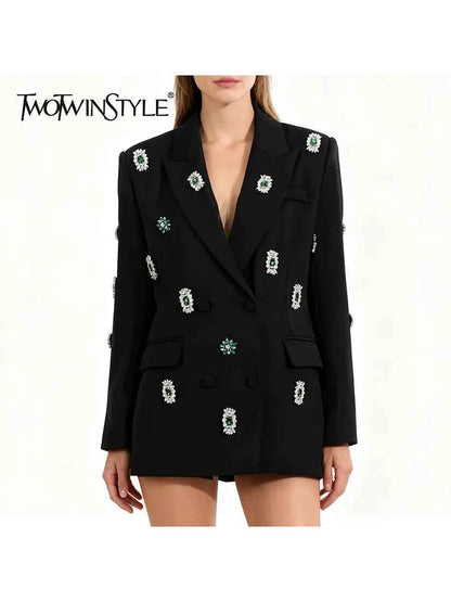 TWOTWINSTYLE Solid Loose Spliced Bead Luxurious Blazers for Women Lapel Long Sleeves Nobility Blazer Female Autumn Fashion New
