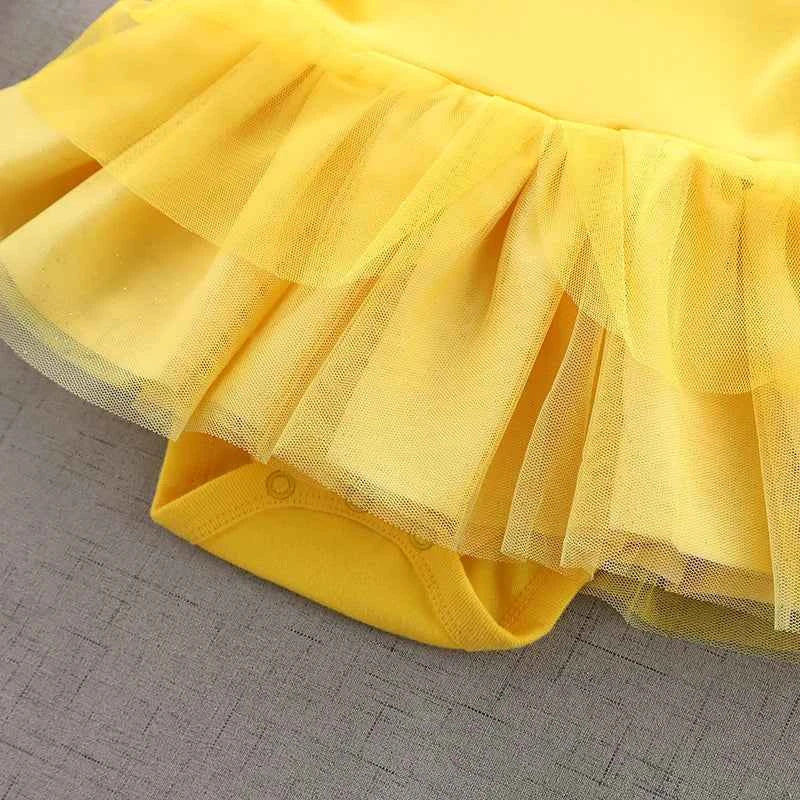 Baby Girl Birthday Outfit Set Short-sleeved Bodysuit Princess Romper Dress With Headband Yellow 3D Floral Girl Clothes 3-18M