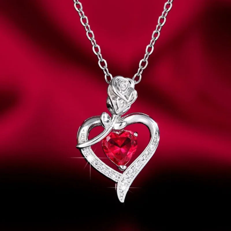 CAOSHI Gorgeous Rose Pendant Necklace for Women Shining Red Heart Zirconia Accessory Fashionable Ｂirthday Ｗedding Jewelry Gifts - AMULET RING STORE