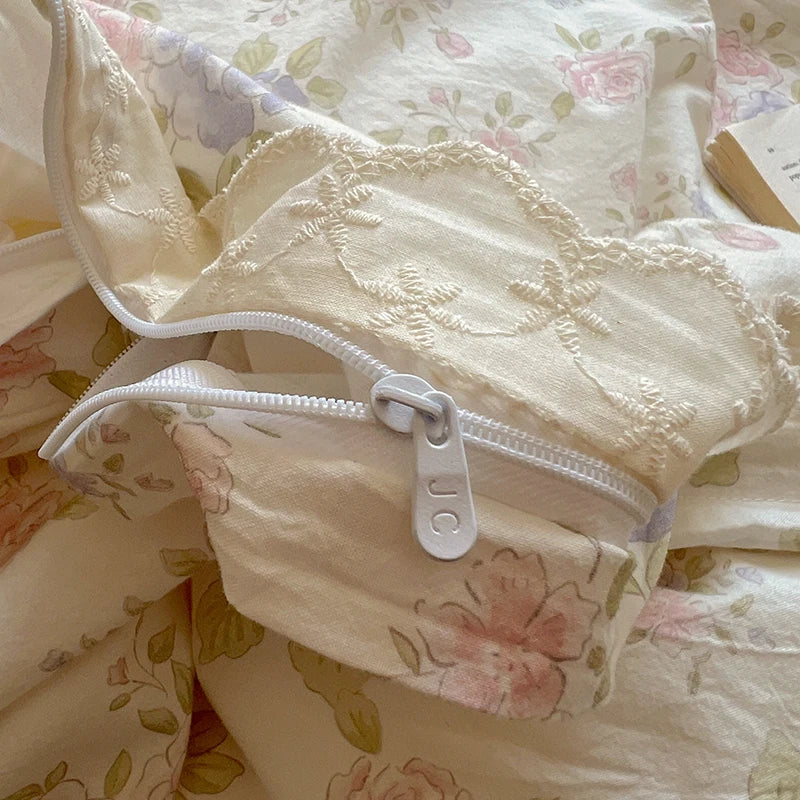 Washed Cotton Duvet Cover Sets Single/Queen/king Flower Printed Bedding Set Princess Style e housse de couette 220x240 with Lace - AMULET RING STORE