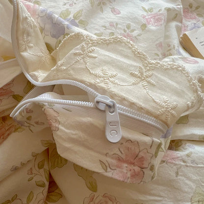 Washed Cotton Duvet Cover Sets Single/Queen/king Flower Printed Bedding Set Princess Style e housse de couette 220x240 with Lace - AMULET RING STORE