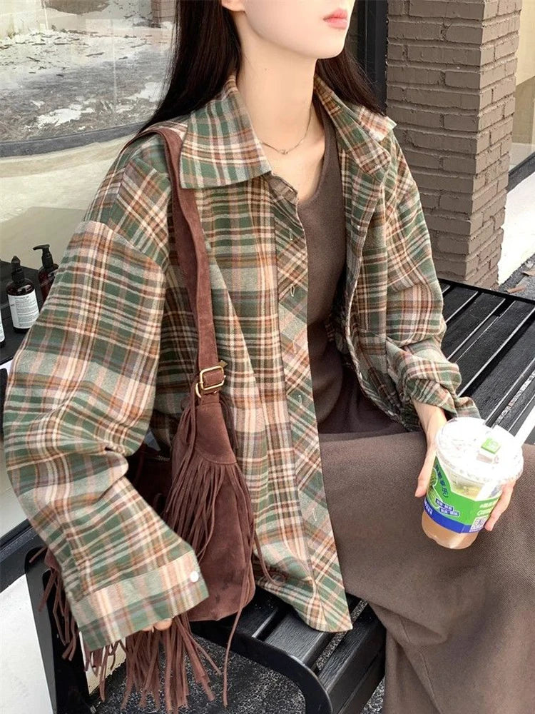 Zoki American Y2K Plaid Shirt Women Loose Streetwear Long Sleeve Vintage Blouse Casual Oversize All Match Female Spring Tops New - AMULET RING STORE