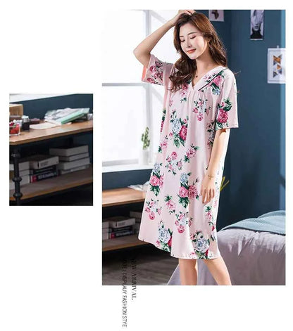 2025 Summer Small Floral Night Dress Women Nightgown Big Yards 3XL Sleepshirts Short-sleeves Nightie Nightdress Cotton Sleepwear
