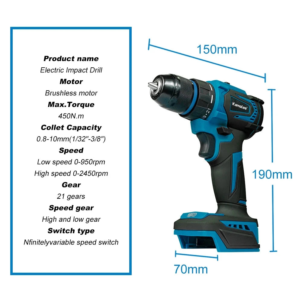 Kamolee 10mm Cordless Electric Impact Drill Electric Screwdriver Home DIY Power Tools For Makita 18V Battery - AMULET RING STORE