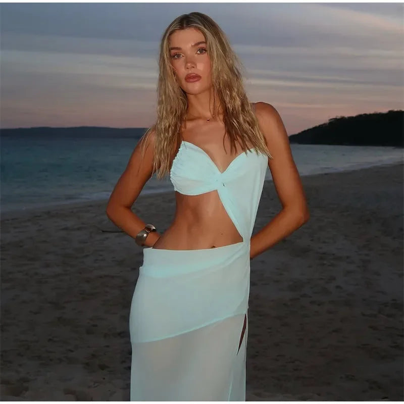 Vacation Hollow Out Mesh Long Sling Dress For Women Y2k Irregular Sleeveless Side Split Beach Suspender Dress Lady Evening Robe - AMULET RING STORE