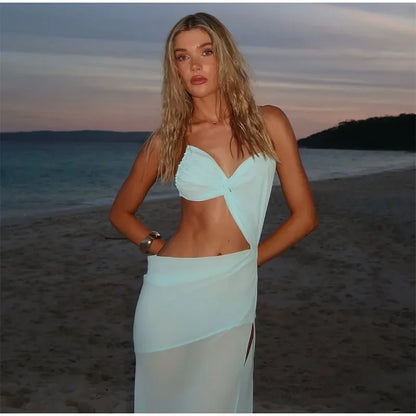 Vacation Hollow Out Mesh Long Sling Dress For Women Y2k Irregular Sleeveless Side Split Beach Suspender Dress Lady Evening Robe - AMULET RING STORE
