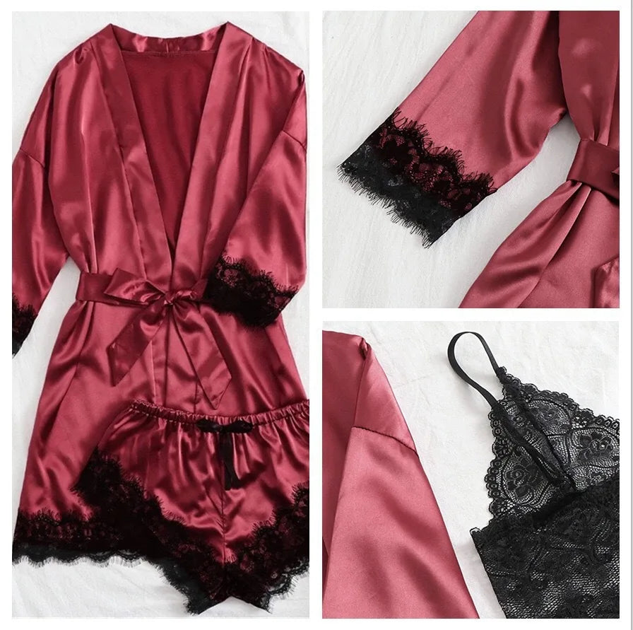2025New Women's Pajama Fashion 4-piece Set Lace Satin Strap Sexy Pajama Set Dress Skin friendly Comfortable Casual Pajama Skirt - AMULET RING STORE