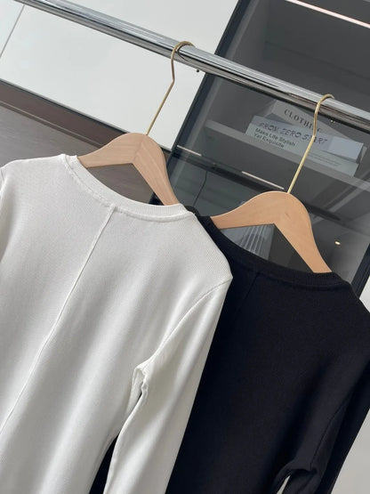 Women's Sports Quick Drying Fitness Yoga Top Simple Black White Long Sleeved Threaded T-shirt Fashion Solid Color Cotton T-shirt