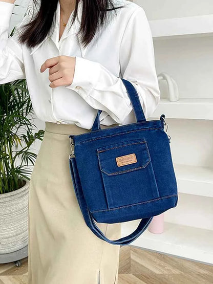 Women Stylish Tote Handbag Denim Shopper Shoulder Handbag Large Capacity Adjustable Straps with Pockets Daily Handbag and Purse