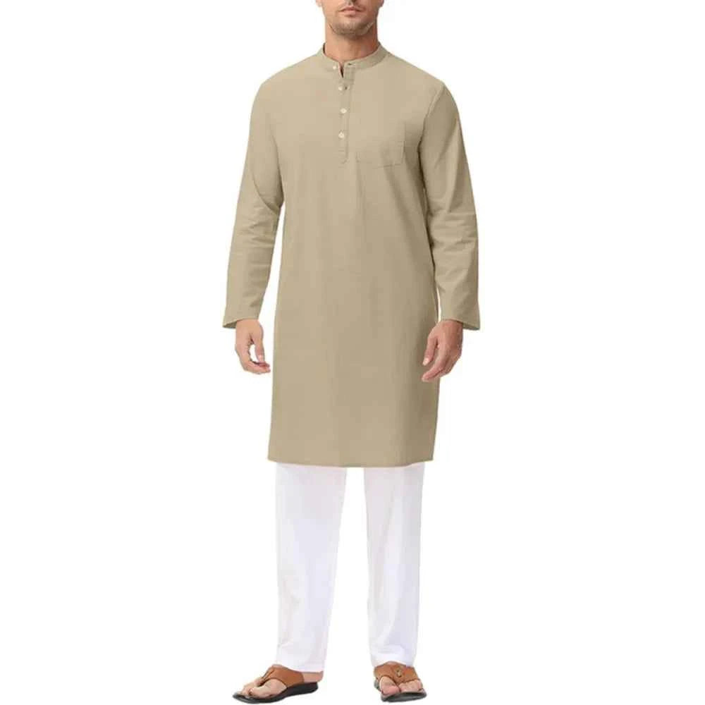 Inheritance of Ethnic Culture! Men's Long-Sleeve Thobe with Side Slits and Buttons, Classic Style of Traditional Ethnic Clothing