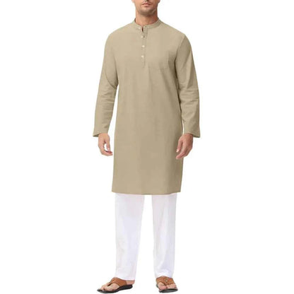 Inheritance of Ethnic Culture! Men's Long-Sleeve Thobe with Side Slits and Buttons, Classic Style of Traditional Ethnic Clothing