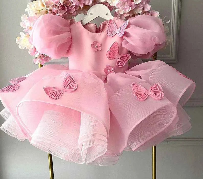 Baby Girls Dress Pink Bubble Sleeve Butterfly Dress Pageant Dresses for Toddler Girls Official Christmas Dinner Clothes