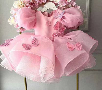 Baby Girls Dress Pink Bubble Sleeve Butterfly Dress Pageant Dresses for Toddler Girls Official Christmas Dinner Clothes