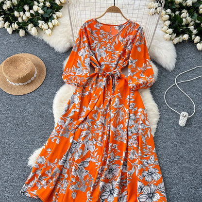 Elegant Boho Floral Print Floral Pleated Maxi Long Dress Female V Neck Puff Sleeve Belt Dresses Women Summer Dress Robe