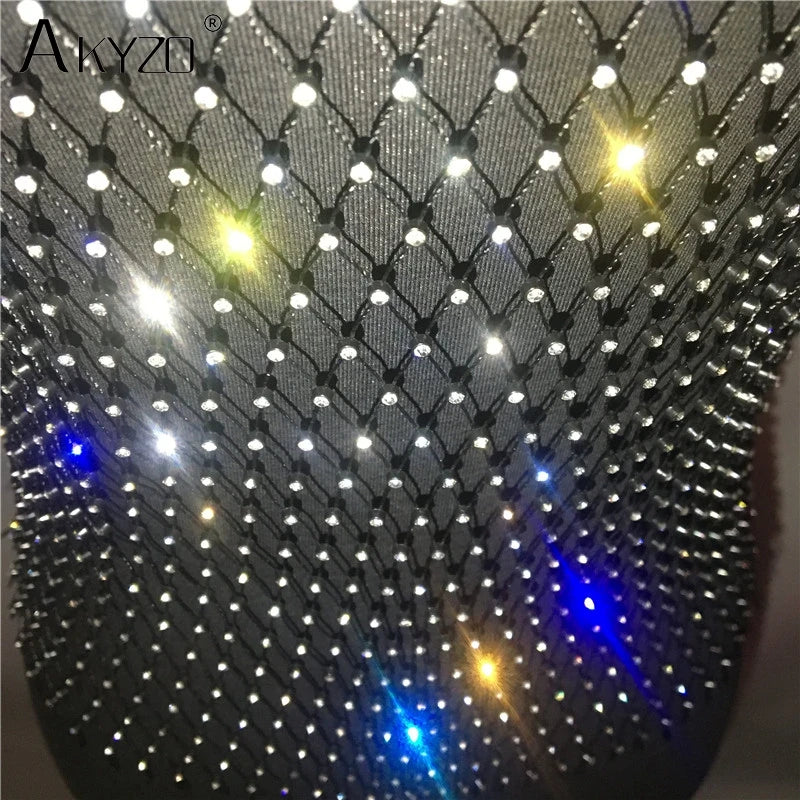 Women's Fishnet Rhinestone Crop Top 2024 Summer Sexy Mesh High Elastic Black White Shirt Net See Through Rave Diamond Tank Top - AMULET RING STORE