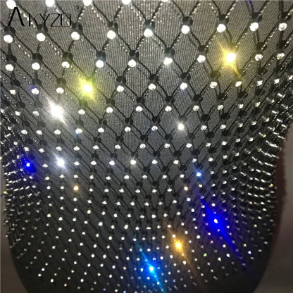 Women's Fishnet Rhinestone Crop Top 2024 Summer Sexy Mesh High Elastic Black White Shirt Net See Through Rave Diamond Tank Top - AMULET RING STORE