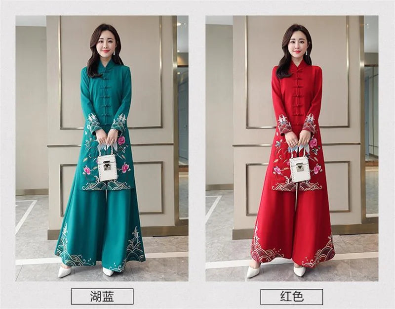 Long Ethnic Style Cheongsam Set Spring and Autumn Drop Feel Wide Leg Pants Mom Retro Slim Straight Tube Embroidery Two Piece Set