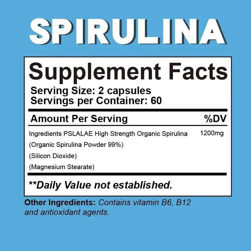 Organic Spirulina Capsules - Helps Detoxify, Supports Immune System Health, Antioxidant, Boosts Energy