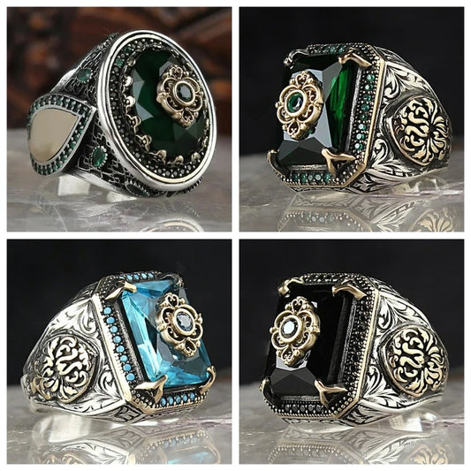 Vintage Men's Handmade Turkish Blue Zircon Stone Ring AMULET RING STORE