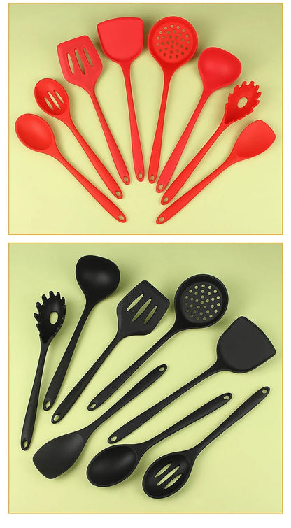 8ps Household black Silicone kitchenware 8-piece set of Chinese spaghetti spoon salad spaghetti spaghetti spaghetti，Rice spoon，