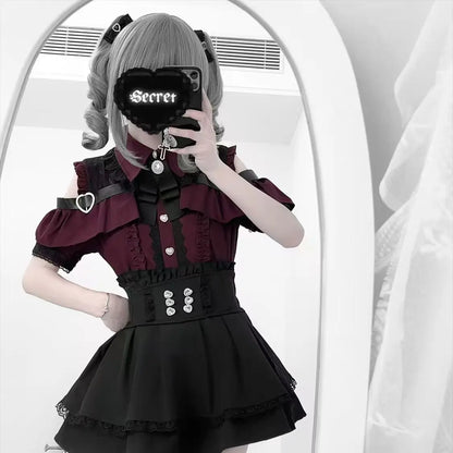 Sweet Gothic Lolita Two Piece Set, Off Shoulder Blouse + High Waist Skirt, Kawaii Tri-color Lace Coord Outfit for Women & Teens