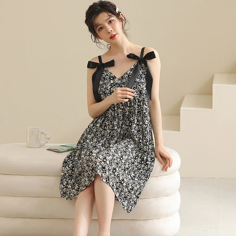 Women Nightgowns Cotton Night Dress Sexy Spaghetti Strap V-Neck Casual Home Dress Night Shirt Floral Print Sleepwear Nightwear - AMULET RING STORE