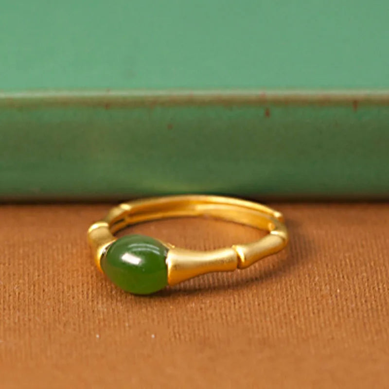 Green Natural Jade Bamboo Rings Stone Carved Gemstone Vintage Charm Lucky Talismans Adjustable Ring Real Jewelry