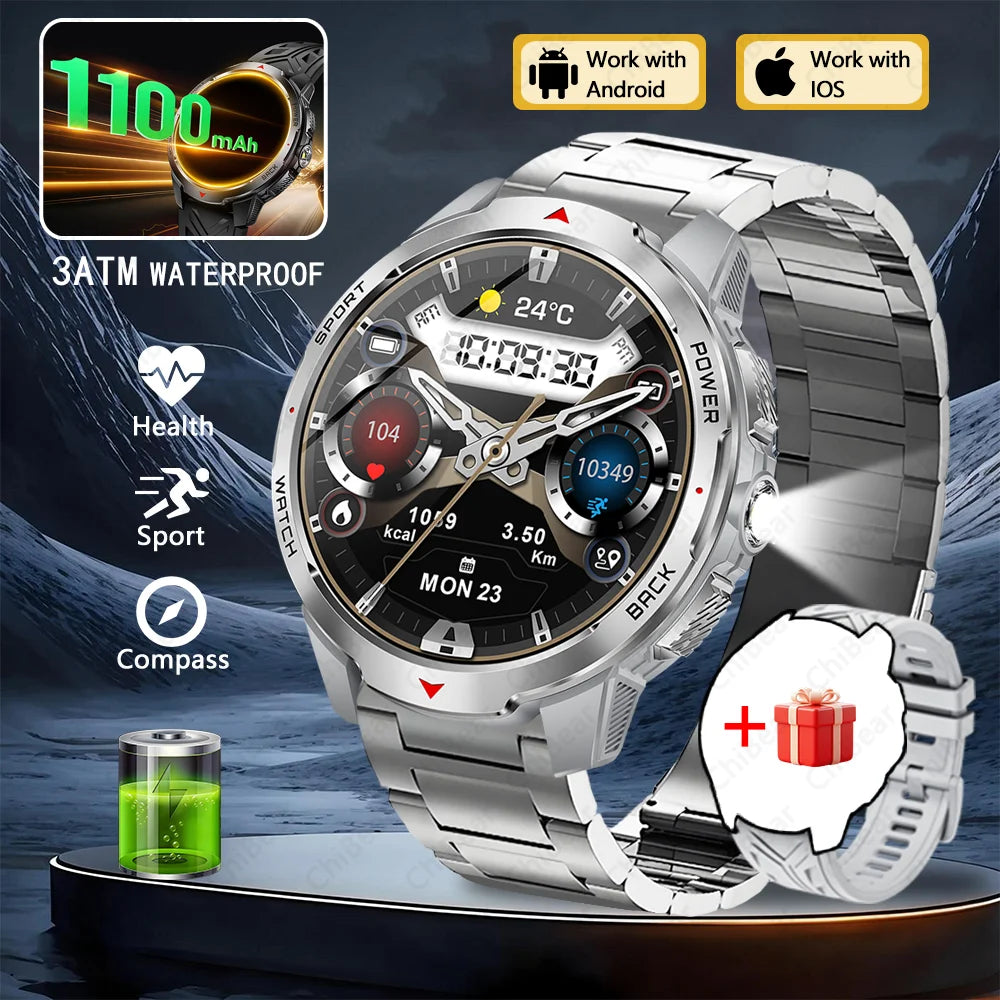 1100mAh Super Capacity Battery Military Outdoor Smart Watch Men 1.7inch Screen Compass Bluetooth Call 3ATM Waterproof SmartWatch
