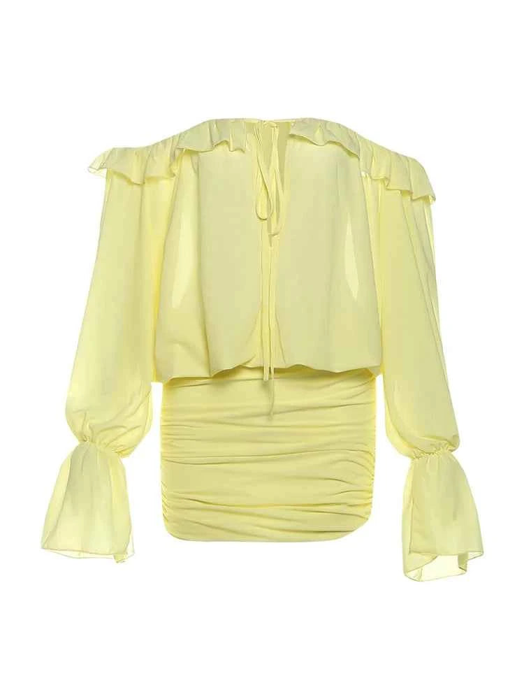 Sisterlinda Ruched Elegant Dress Women Sexy Hollow Ruffles Shirring Slash Neck Backless Puff Sleeve Street Fashion Mini Bodycon