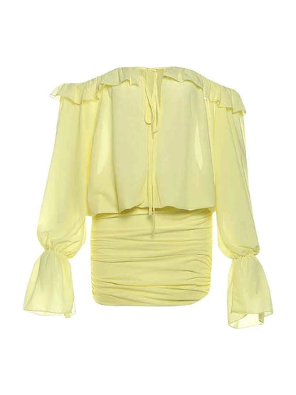 Sisterlinda Ruched Elegant Dress Women Sexy Hollow Ruffles Shirring Slash Neck Backless Puff Sleeve Street Fashion Mini Bodycon