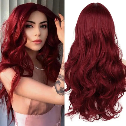 Red wine color synthetic wig with long curly hair, full head of wig, party, daily use, high-temperature hair wig - AMULET RING STORE