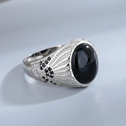 S925 Silver Jewelry Ring Natural Oval Rectangle Big Black Agate Stone Vintage Ring For Women Party Gifts