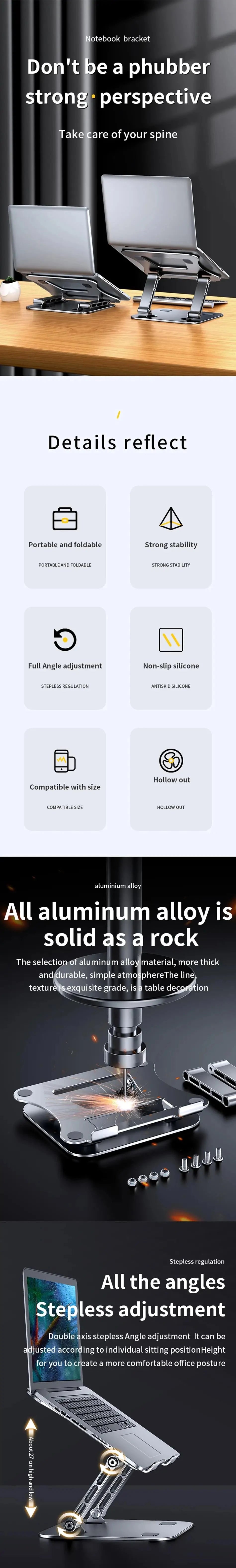 Laptop Stand Adjustable Aluminum Alloy Notebook Tablet Stand Up to 17 Inch Laptop Portable Fold Holder Cooling Bracket Support - AMULET RING STORE