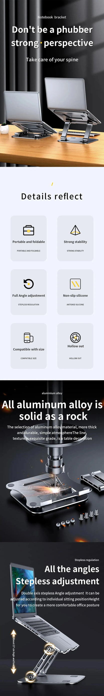 Laptop Stand Adjustable Aluminum Alloy Notebook Tablet Stand Up to 17 Inch Laptop Portable Fold Holder Cooling Bracket Support - AMULET RING STORE