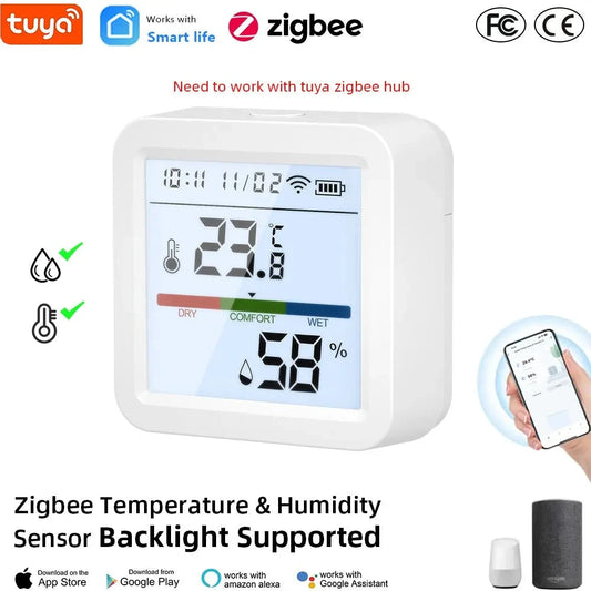 Tuya ZigBee Smart Home Temperature Humidity Sensor with BackLight LCD Works With Google Assistant and Need Tuya Zigbee Hub - AMULET RING STORE