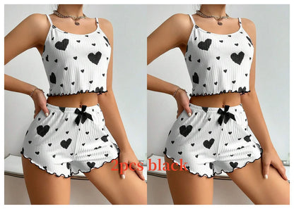 Women's Pajamas Set Sleepwear 2 PCS Short Tank Tops And Shorts S M L White Ventilate Soft Casual Love Printing - AMULET RING STORE