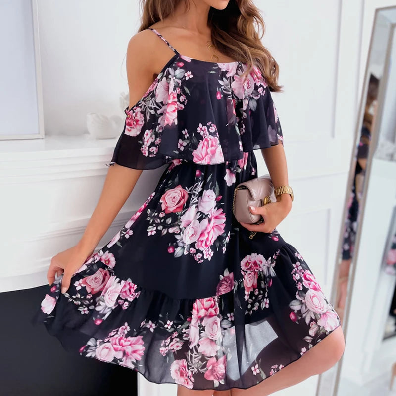 Woman Floral Print Dress Summer Spaghetti Strap Off Shoulder Sleeveless Dresses Holiday A-Line Mesh Fabric Party Dress Vestidos - AMULET RING STORE