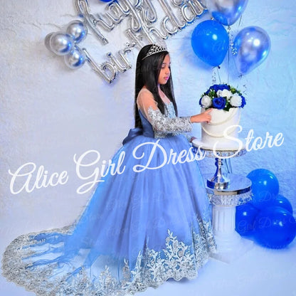 Customized Royal Blue Princess Flower Girl Dress for Wedding Lace Appliques Full Sleeve Baby Birthday Dress First Communion Gown