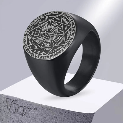 Vnox Seven Seals of Angels Rings for Men, Round Top Stamp Finger Band, Metatron Cube Stamp Ring, Chunky Punk Jewelry